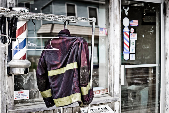 Owego, North Ave., Fire fighter's uniform, hung out to dry off