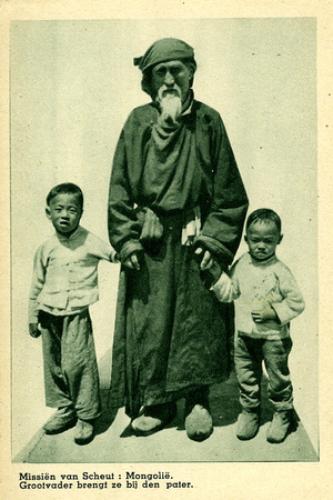Grandfather with two boys on his way to the mission